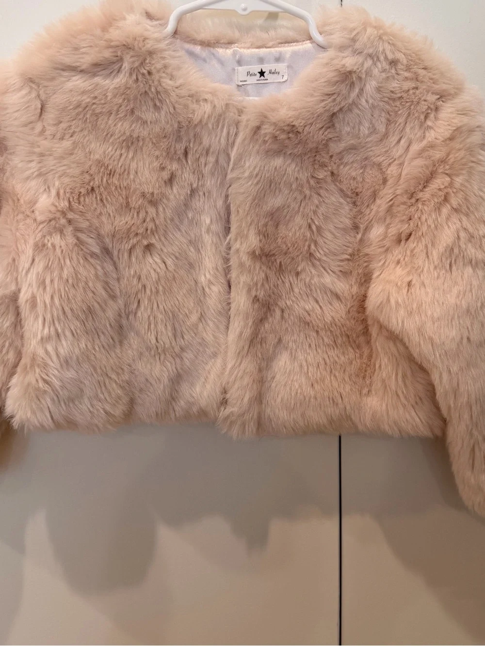 Petite Hailey Girls' Faux Fur Crop Jacket in Pale Pink